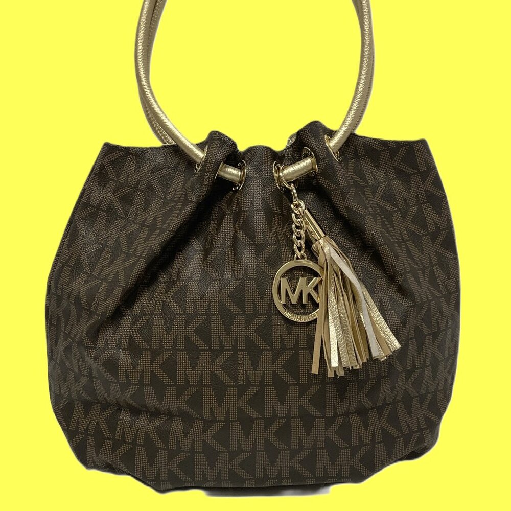 MICHAEL KORS Brown Logo Gold Interior Round Loop Handles Tassel *EUC* FABFULOUS!